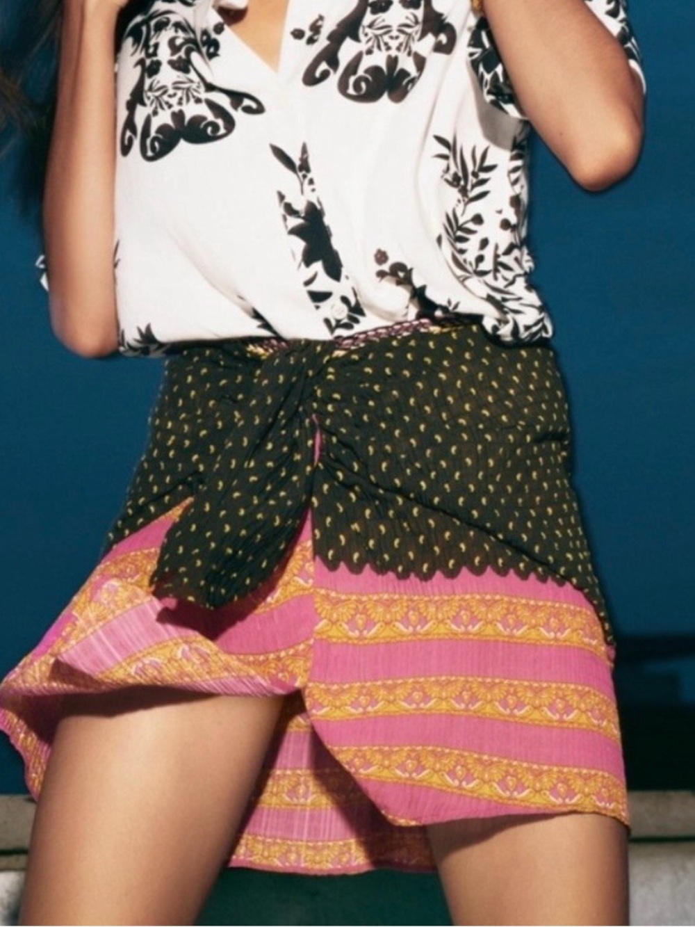 Zara Printed Boho Wrap Skirt in Olive Green and Pink